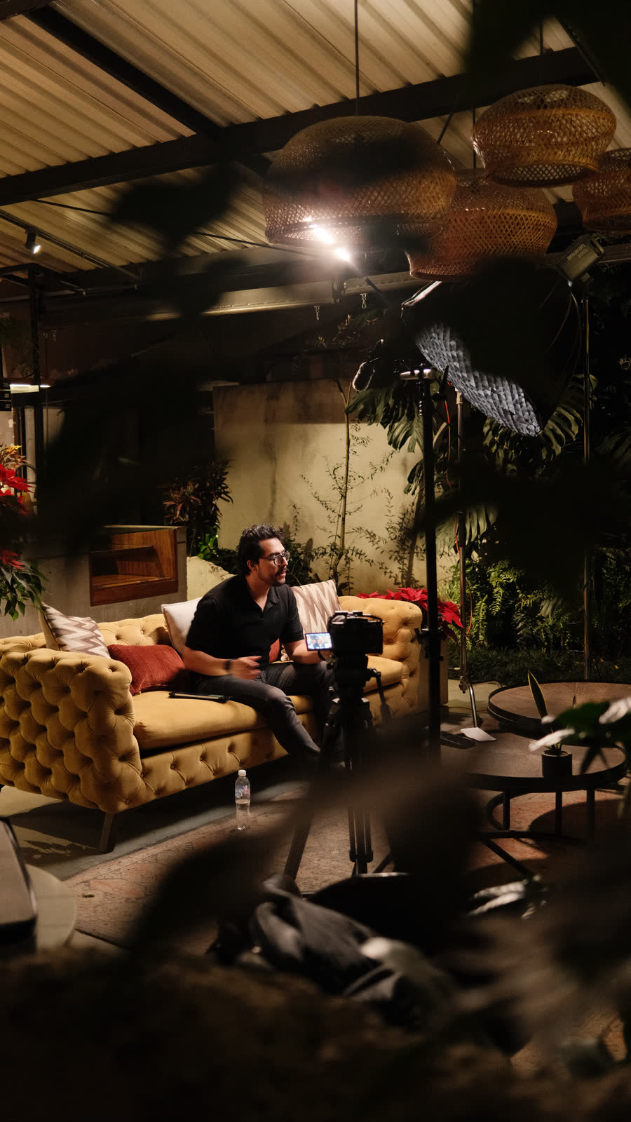 El set visto de lejos entre las plantas, con la luz encendida